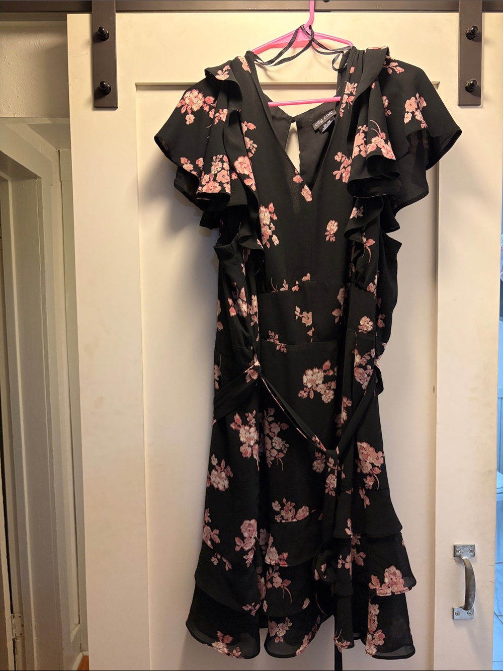 City Chic Black Mini Wrap Dress with Pink Floral Print